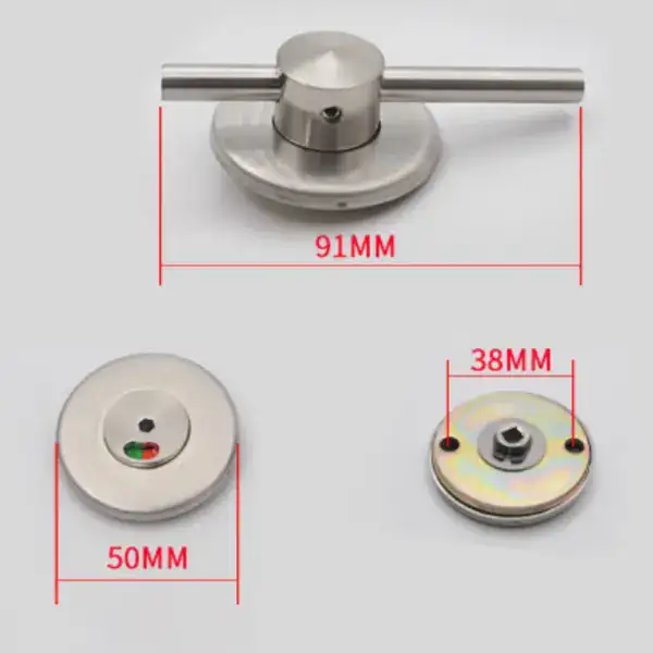 Secure keyless bathroom door lock with thumb turn mechanism for cubicles. Made of durable metal, easy to install, providing privacy and safety in restroom facilities.