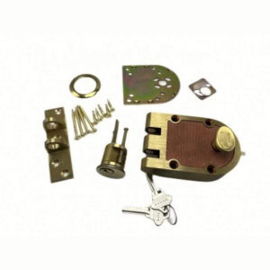 Security bronze deadlock with single cylinder, designed for enhanced door protection and durability. Includes keys, strike plate, screws, and mounting hardware for easy installation.