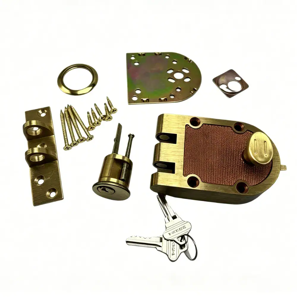 Secure bronze deadlock with single cylinder, flat strike, and key for enhanced door security. Ideal for residential and commercial use, featuring durable construction and easy installation.