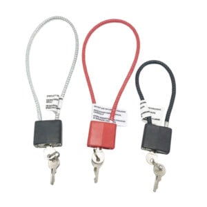 Set of three cable padlocks with keys in red, black, and white, designed for secure locking applications, compatible with the Key Alike Premium Cable Padlock system.