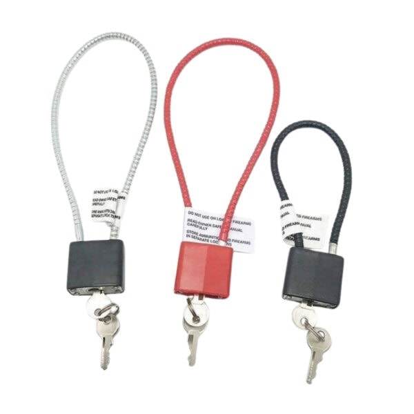 Set of three cable padlocks with keys in red, black, and white, designed for secure locking applications, compatible with the Key Alike Premium Cable Padlock system.