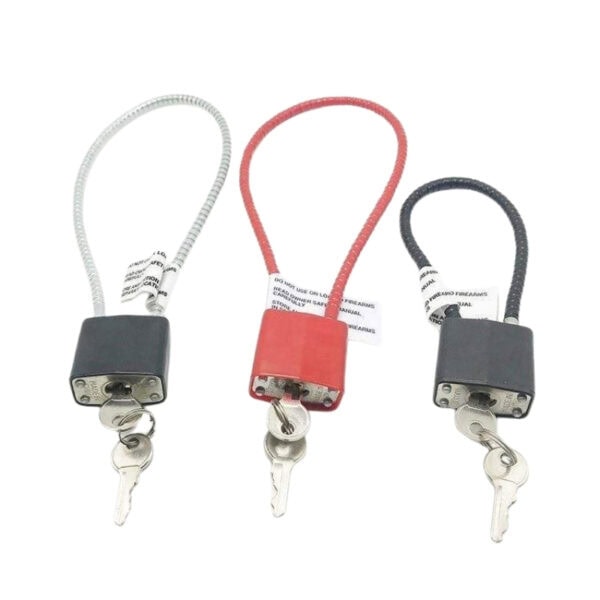 Padlock with cable and key for security and convenience.