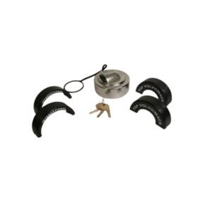 Secure your vehicle's fuel cap with this heavy-duty anti-theft lock and cover, designed for durability and protection against theft. Includes keys and locking mechanism for added security.
