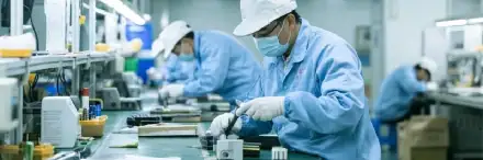 Precision manufacturing of ANLI LOCK security locks in a high-tech factory with workers in protective gear assembling components.