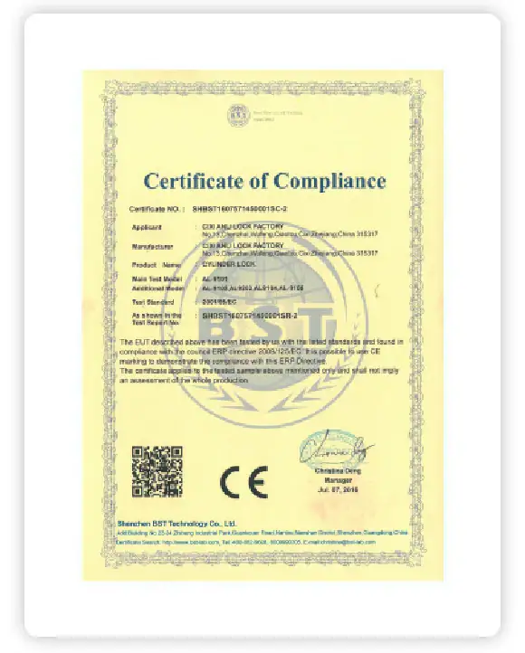 Anli Lock certification certificate showing compliance and quality standards for security locks.