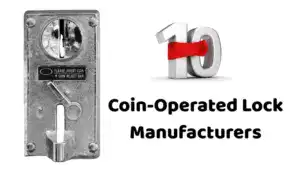 An image of a vintage coin-operated lock used in vending machines, featuring a coin slot, reject bar, and key mechanism, highlighting durable security hardware.