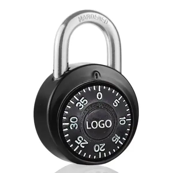 High-security dial combination lock suitable for gym and school lockers, featuring a durable black body and a silver hardened shackle for reliable security.
