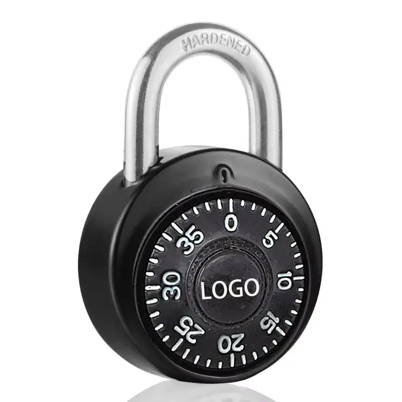 High-security dial combination lock suitable for gym and school lockers, featuring a durable black body and a silver hardened shackle for reliable security.