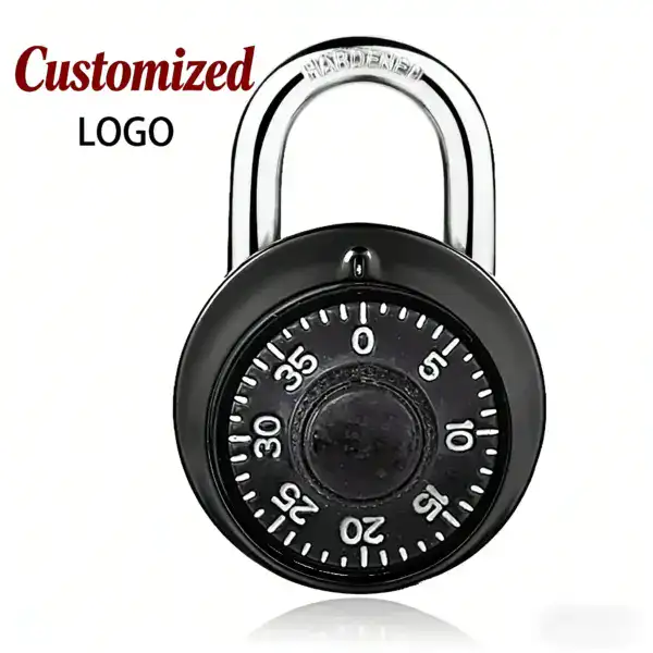 Black combination lock with numbered dial and customizable logo for gym and school lockers, providing secure and personalized locker security.