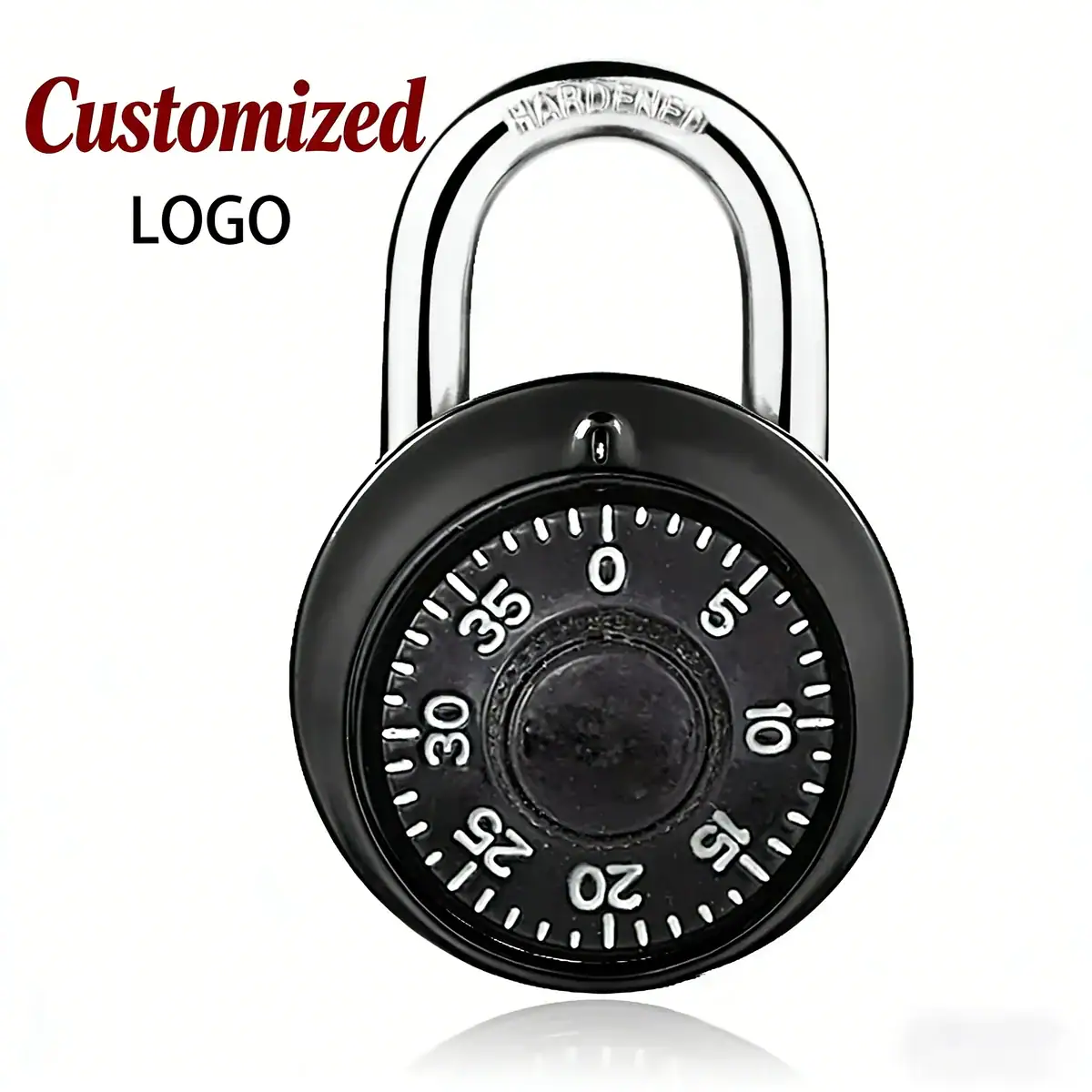 Black combination lock with numbered dial and customizable logo for gym and school lockers, providing secure and personalized locker security.