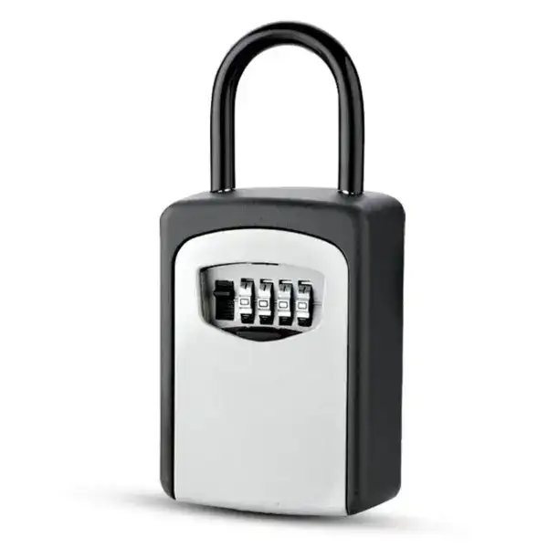 Secure key storage lock box with combination dial for outdoor use.