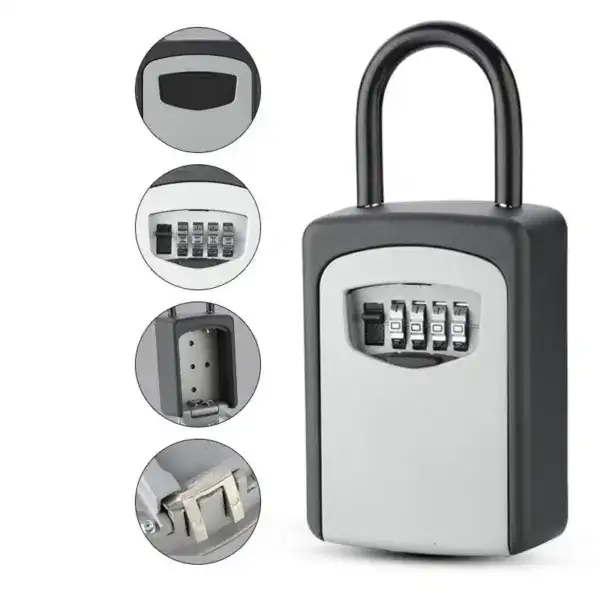 Secure key storage lock box with combination dial for outdoor use.