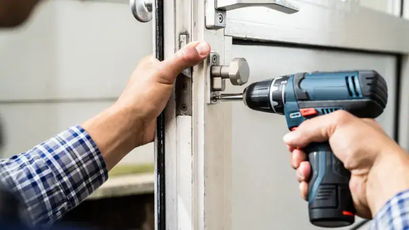 Technician rekeying a door lock using a power drill, demonstrating lock rekeying process for enhanced security.