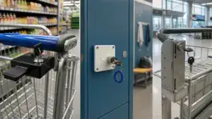 Close-up of ANLI LOCK on shopping cart and locker, showcasing secure locking mechanisms for retail and storage applications.