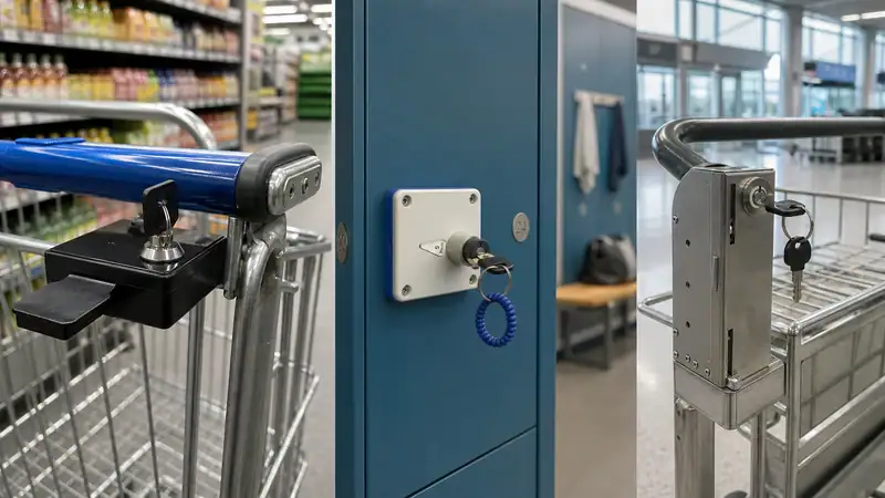 Close-up of ANLI LOCK on shopping cart and locker, showcasing secure locking mechanisms for retail and storage applications.