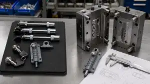 Close-up of precision lock components and molds for custom lock design at ANLI LOCK facility.
