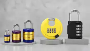 Various padlocks and combination lock with different shackle diameters and materials for security.