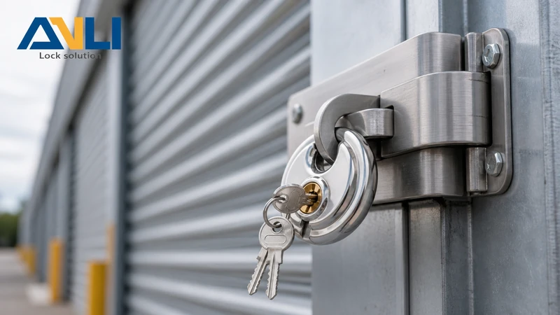 Close-up of a stainless steel ANLI LOCK padlock with keys attached, mounted on a metal door, showcasing durability and security features.