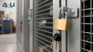 Close-up of a brass padlock securing a metal gate with keys hanging from it, emphasizing lock security and durability.