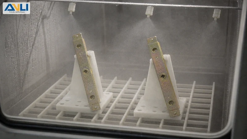 Two ANLI LOCK padlocks undergoing corrosion testing in a controlled environment chamber.