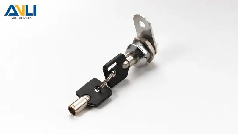 Close-up of an ANLI LOCK cylinder lock with metal components and key mechanism, showcasing high-quality security hardware.