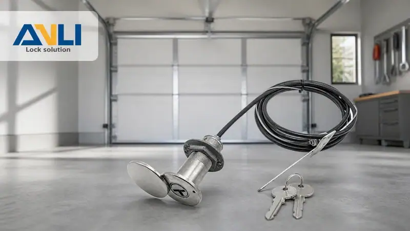 ANLI LOCK security lock with keys, showcasing durable metal construction, ideal for securing doors and gates, in a modern garage setting.