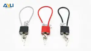 Three ANLI LOCK padlocks in white, red, and black with metal shackles and keys, showcasing durability and design options for security needs.