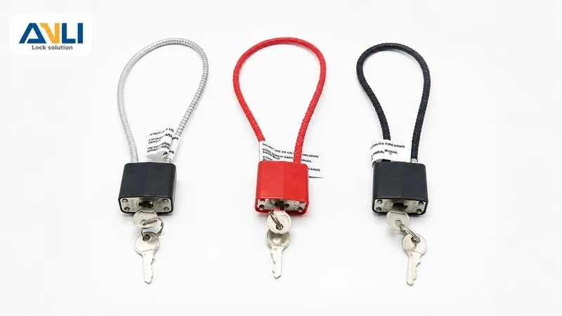 Three ANLI LOCK padlocks in white, red, and black with metal shackles and keys, showcasing durability and design options for security needs.