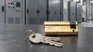 Close-up of an ANLI lock with keys on a gray surface, showcasing high-security locking mechanism for industrial and commercial use.