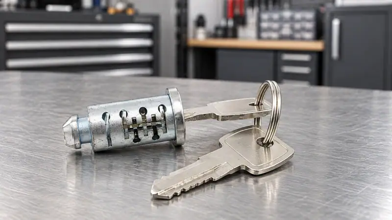 Close-up of an ANLI LOCK cylinder and key on a workbench, showcasing durable metal construction for weather-resistant security.