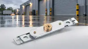 Close-up of ANLI LOCK, a weather-resistant garage door lock, installed on a garage door in an industrial setting, emphasizing durability and security.