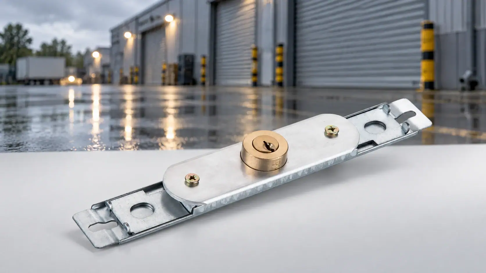 Close-up of ANLI LOCK, a weather-resistant garage door lock, installed on a garage door in an industrial setting, emphasizing durability and security.