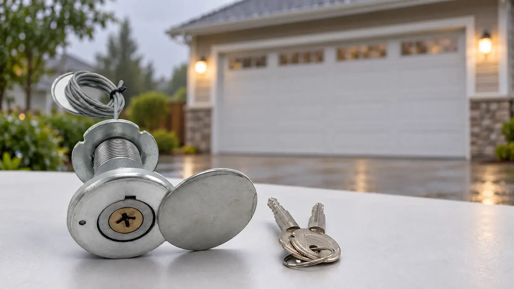 Close-up of ANLI lock and keys for weather-resistant garage doors, emphasizing security and durability in outdoor conditions.