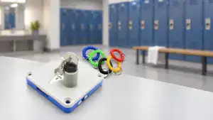 Secure ANLI LOCK with colorful rings and key on a locker room table.