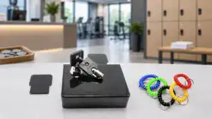 Close-up of ANLI LOCK weather-resistant garage door lock with keys and colorful rubber rings on a modern countertop.