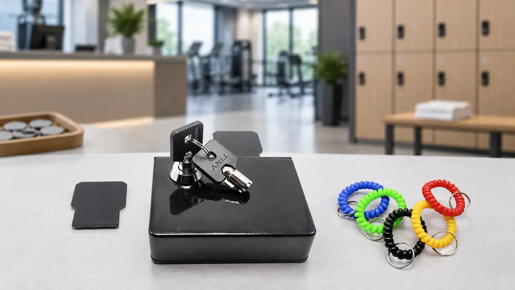 Close-up of ANLI LOCK weather-resistant garage door lock with keys and colorful rubber rings on a modern countertop.