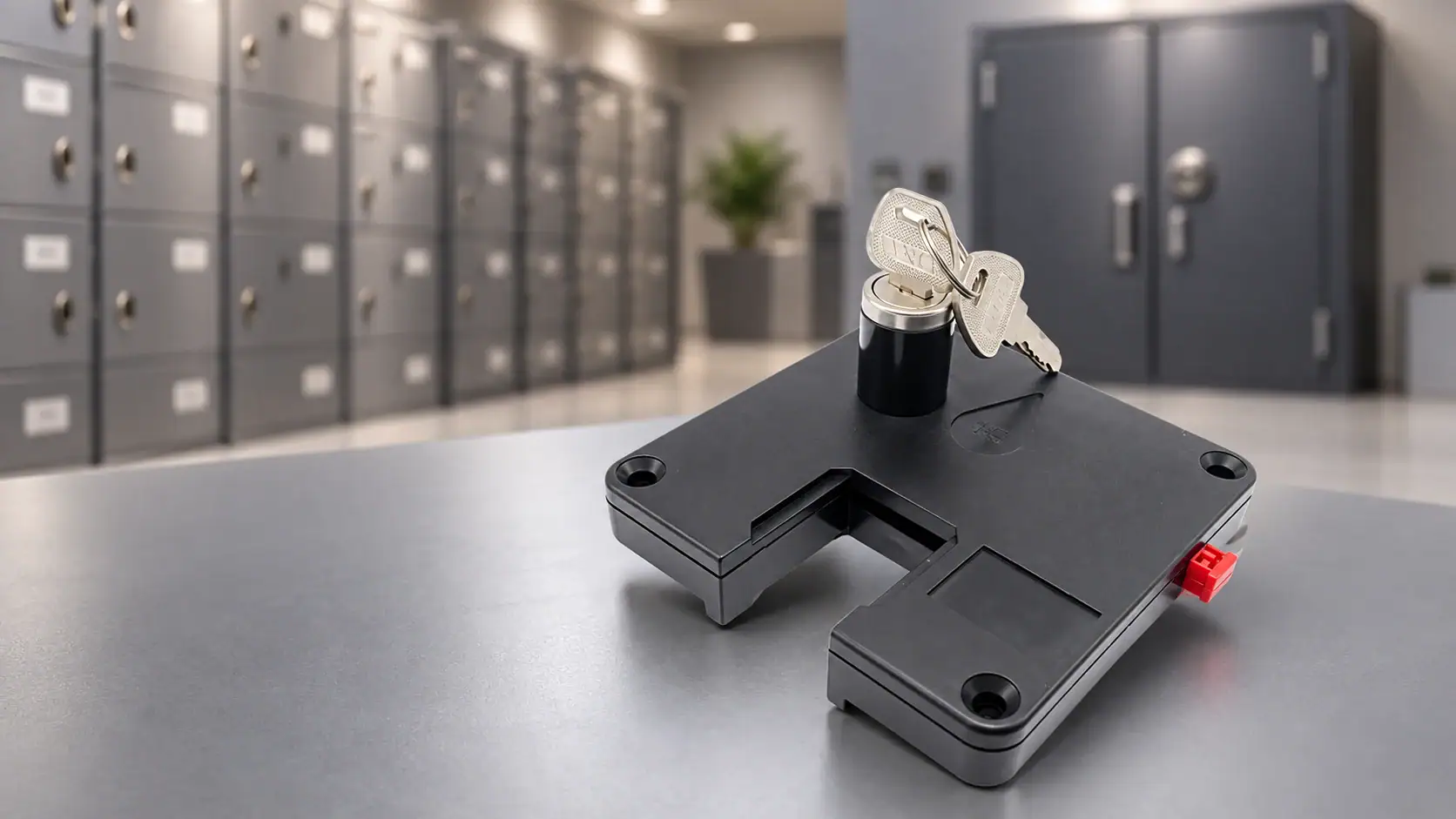 Close-up of ANLI lock with key on a garage door, showcasing weather-resistant security features.